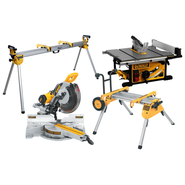 DeWALT DWS780XPS + DWE7492 išilginio ir skersinio pjovimo staklės + DE7400 + DE7023 stalai