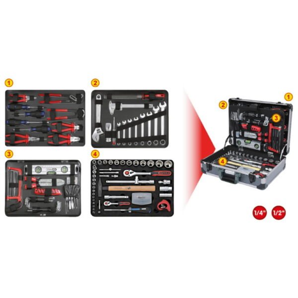 Universalus įrankių komplektas 1/4"+1/2" 127 vnt, KS Tools