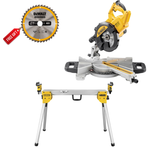DeWALT 216 mm skersinio pjovimo staklės + kompaktiškas staklių stovas